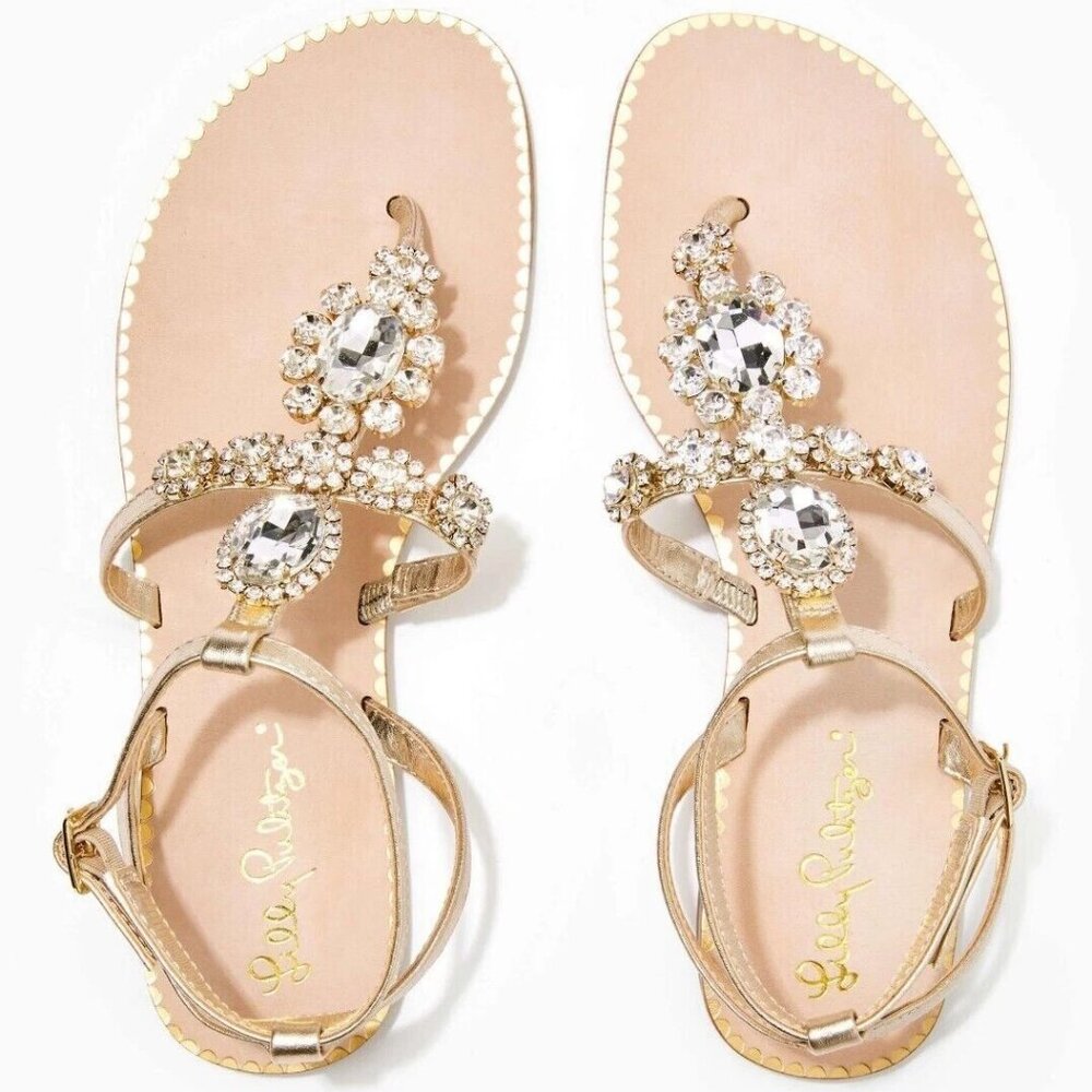 Lilly Pulitzer Katie Embellished Sandals Gold Metallic Leather Sz 7.5